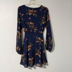 Lulu's Always Yours Skater Dress Mini Navy Floral Long‎ Sleeve Button Front XS